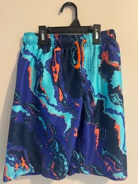 Under Armour Swim Trunks Boys Blue Teal Orange Marble Print Athletic Shorts